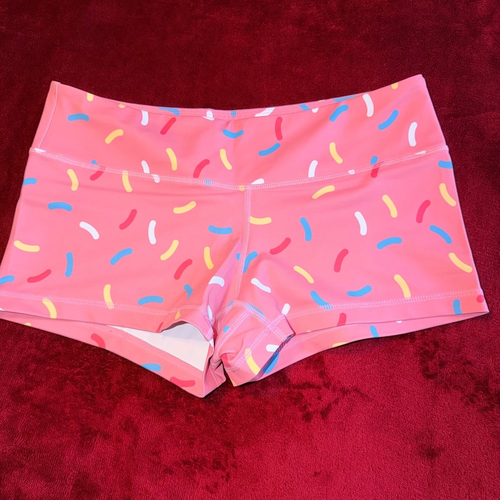 Feed Me Fight Me Pink Donut Sprinkle Athletic Compression Shorts Womens Medium